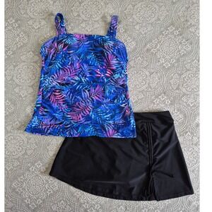 Talisea Womens Tropical Palm Print Tankini and Swim Skirt Set Blue Purple Large